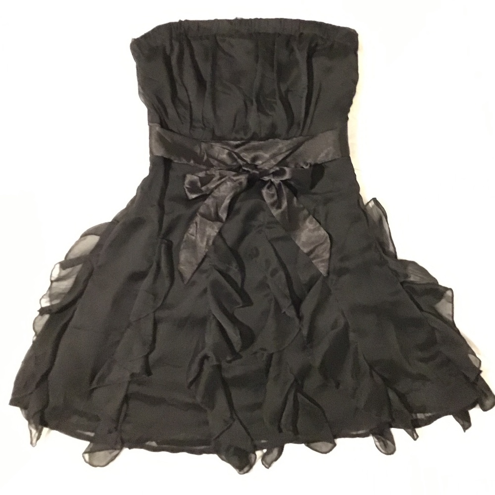 Black strapless ruffled cocktail, bust ruching